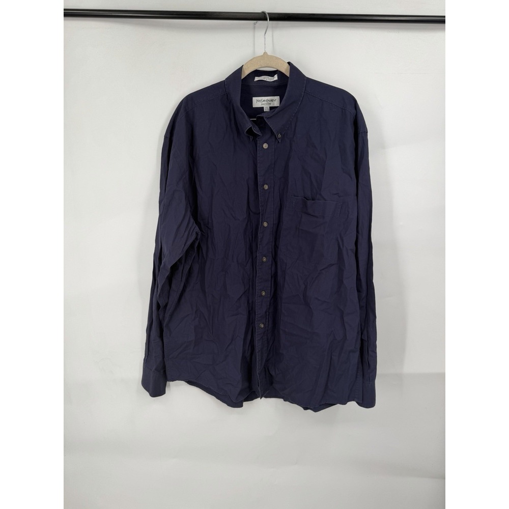 Yves Saint Laurent YSL Men 2 Ply Cotton Dress Shirt Navy Blue 17.5 35/36 Long S